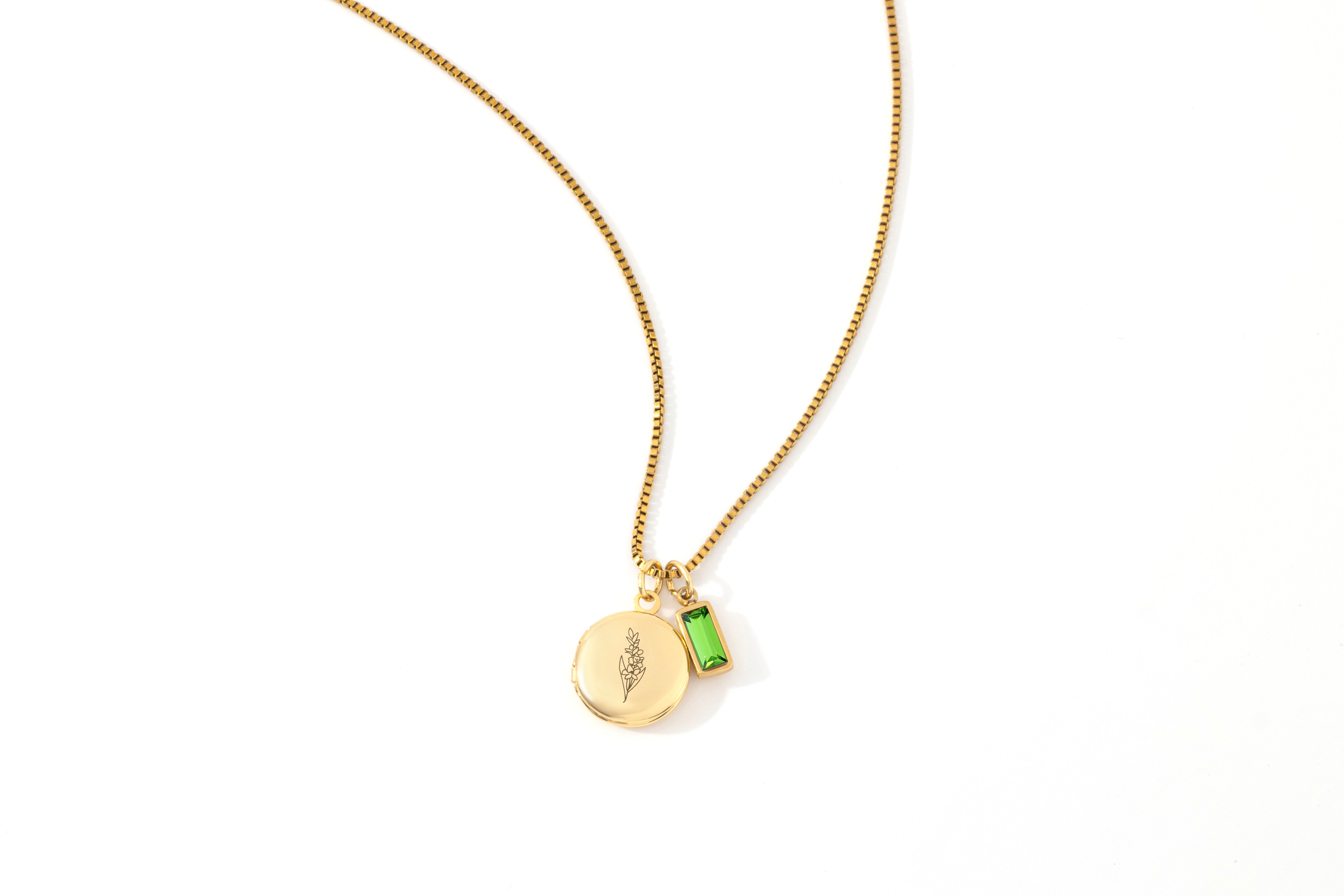 Family Birth Flower Locket Necklace with Birthstone