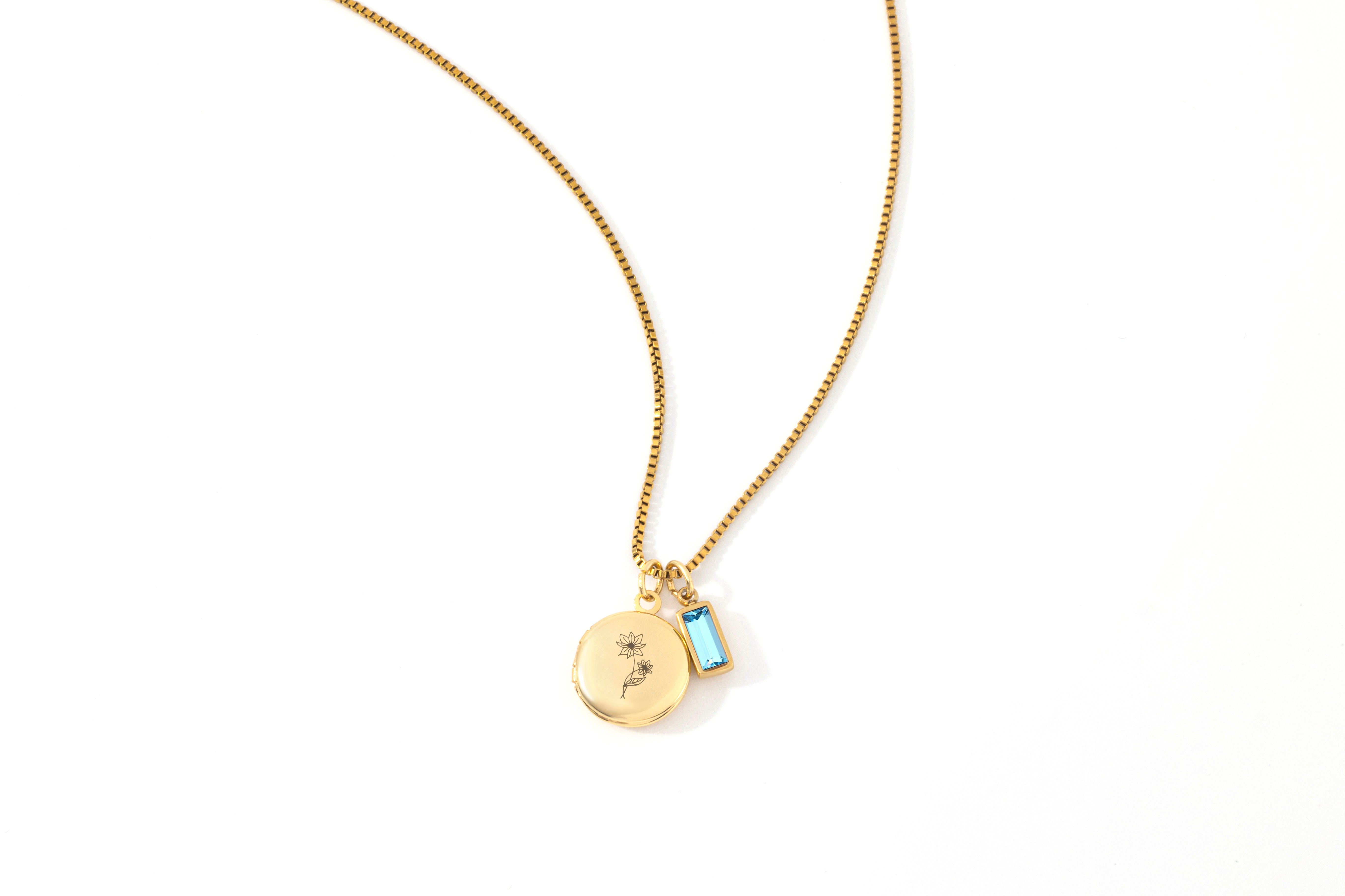 Family Birth Flower Locket Necklace with Birthstone
