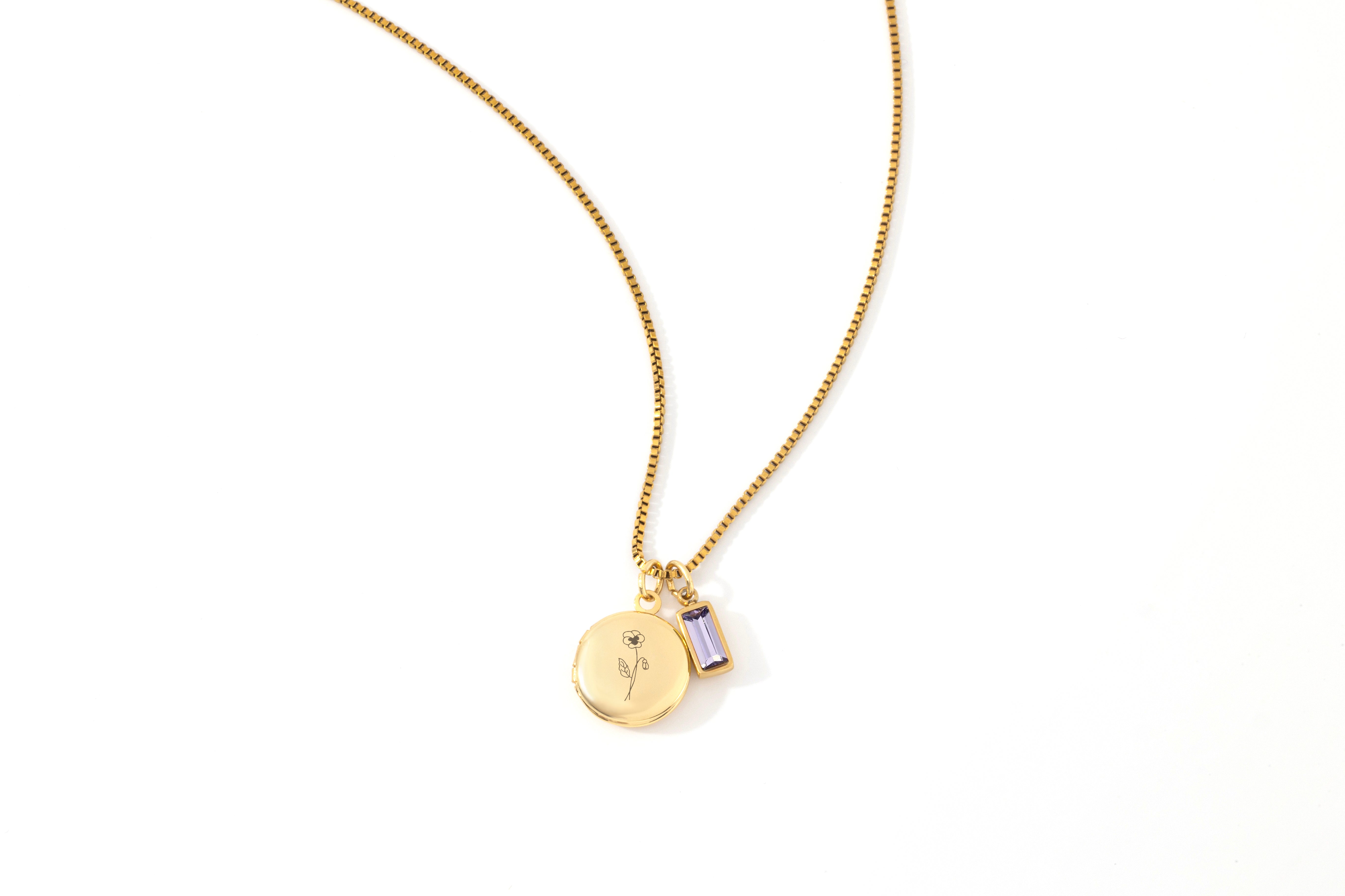Family Birth Flower Locket Necklace with Birthstone
