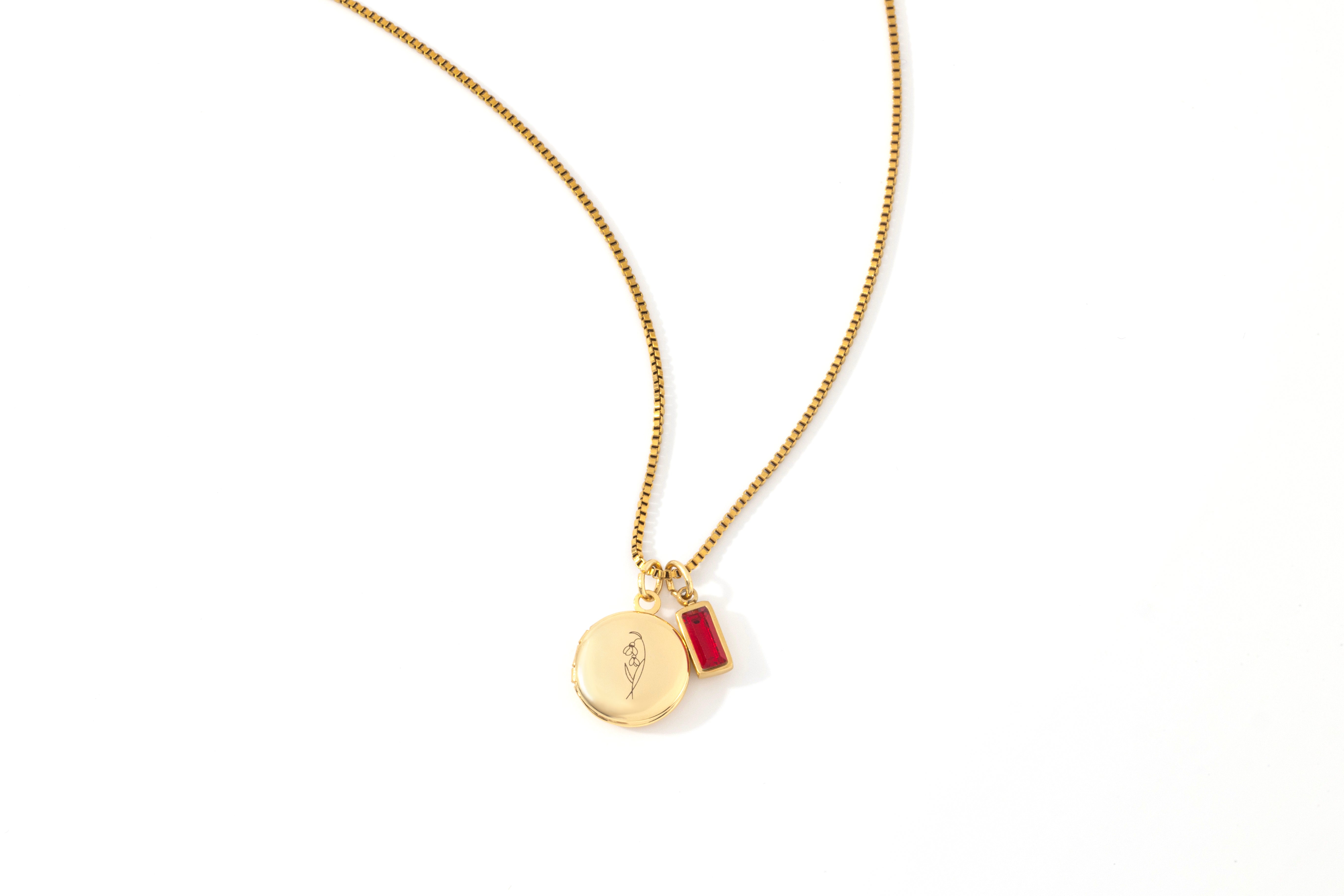 Family Birth Flower Locket Necklace with Birthstone