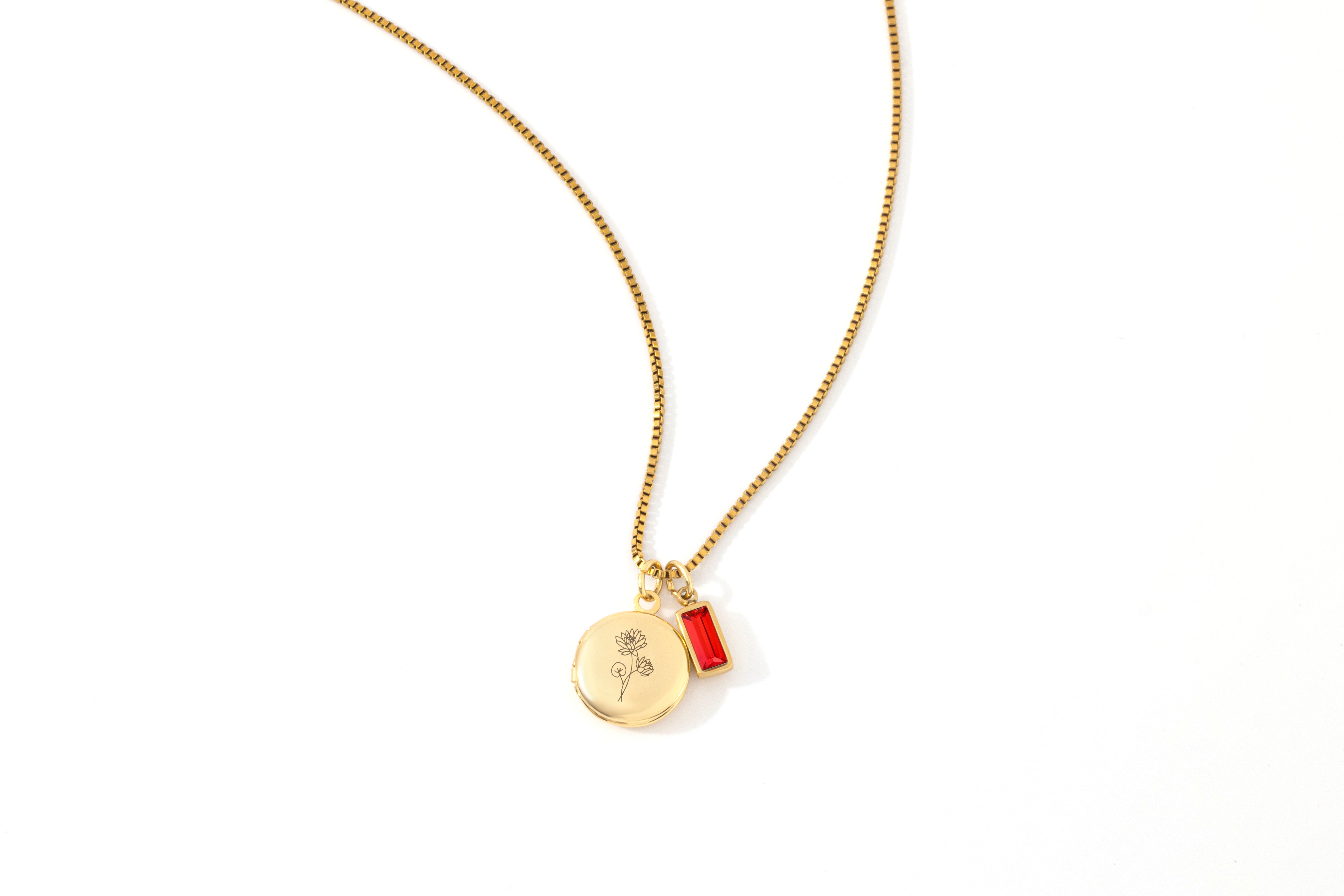 Family Birth Flower Locket Necklace with Birthstone