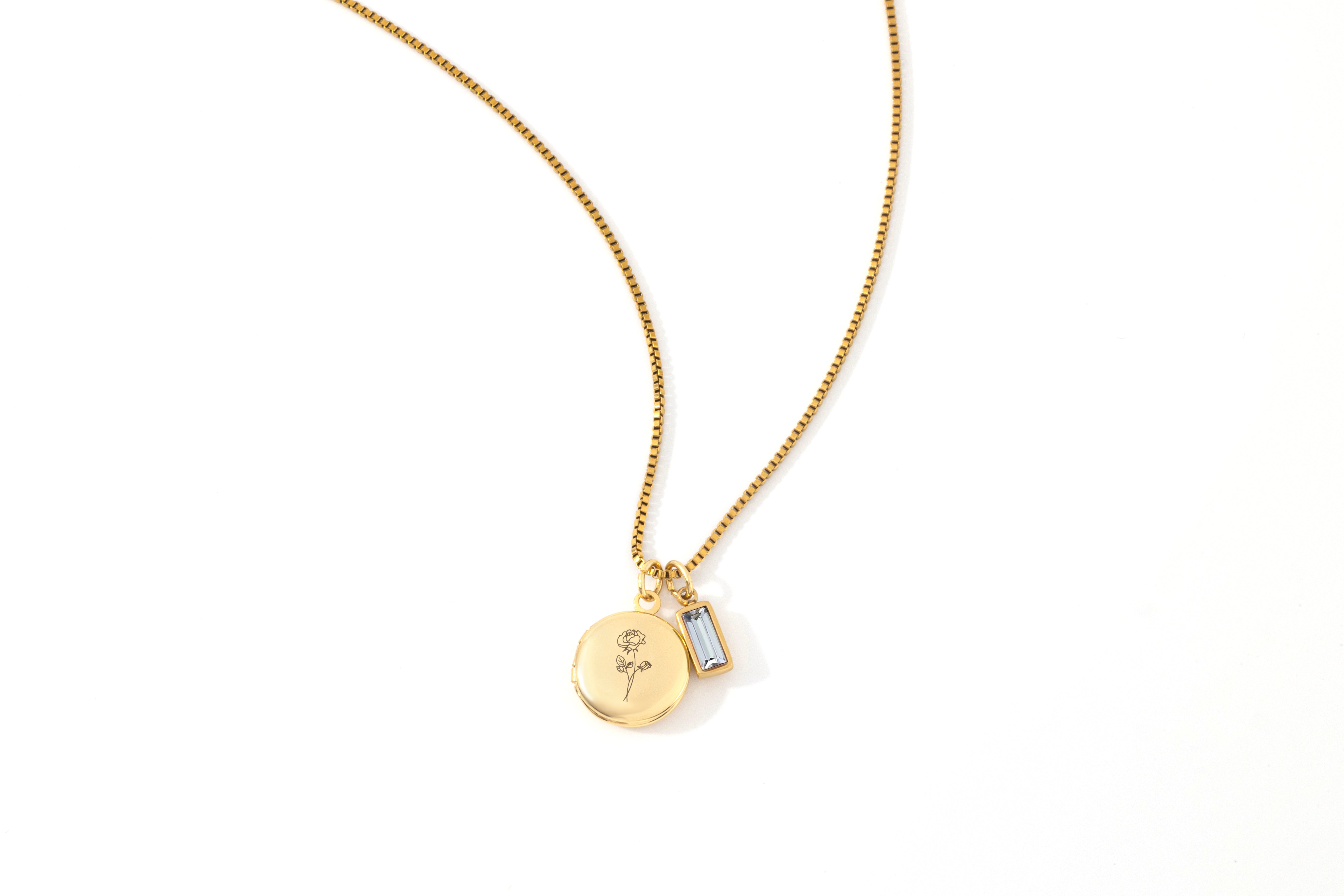 Family Birth Flower Locket Necklace with Birthstone