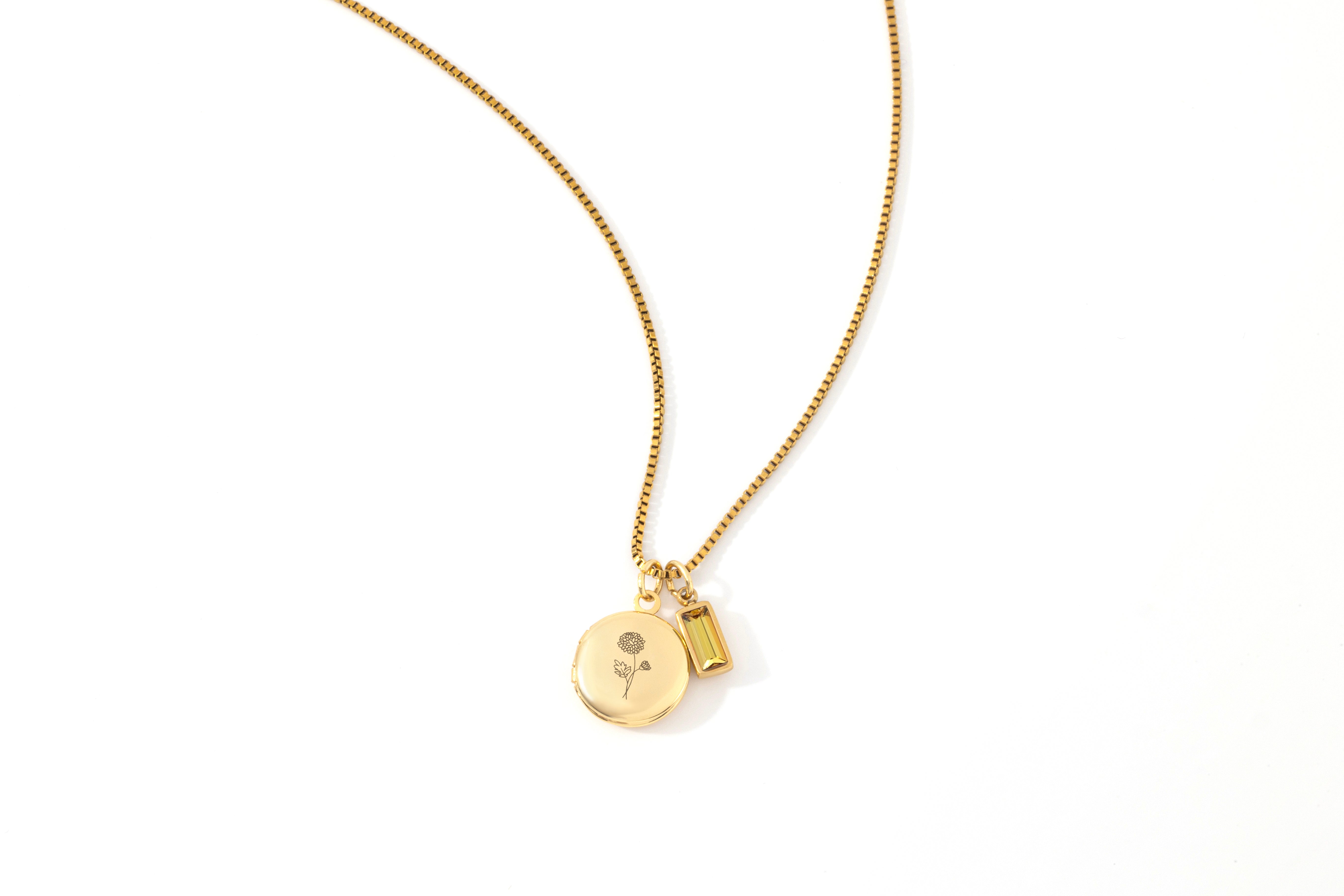 Family Birth Flower Locket Necklace with Birthstone