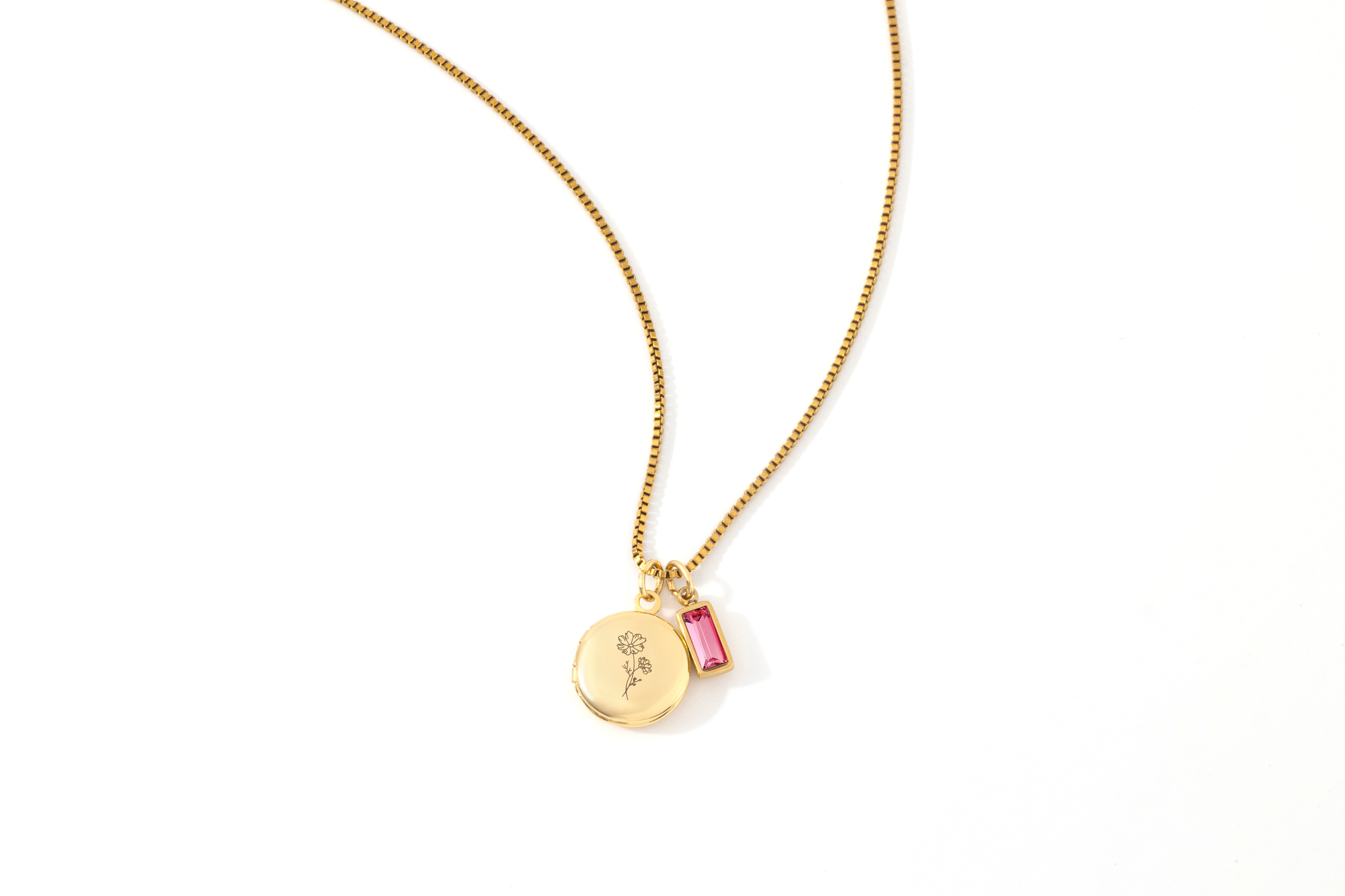 Family Birth Flower Locket Necklace with Birthstone