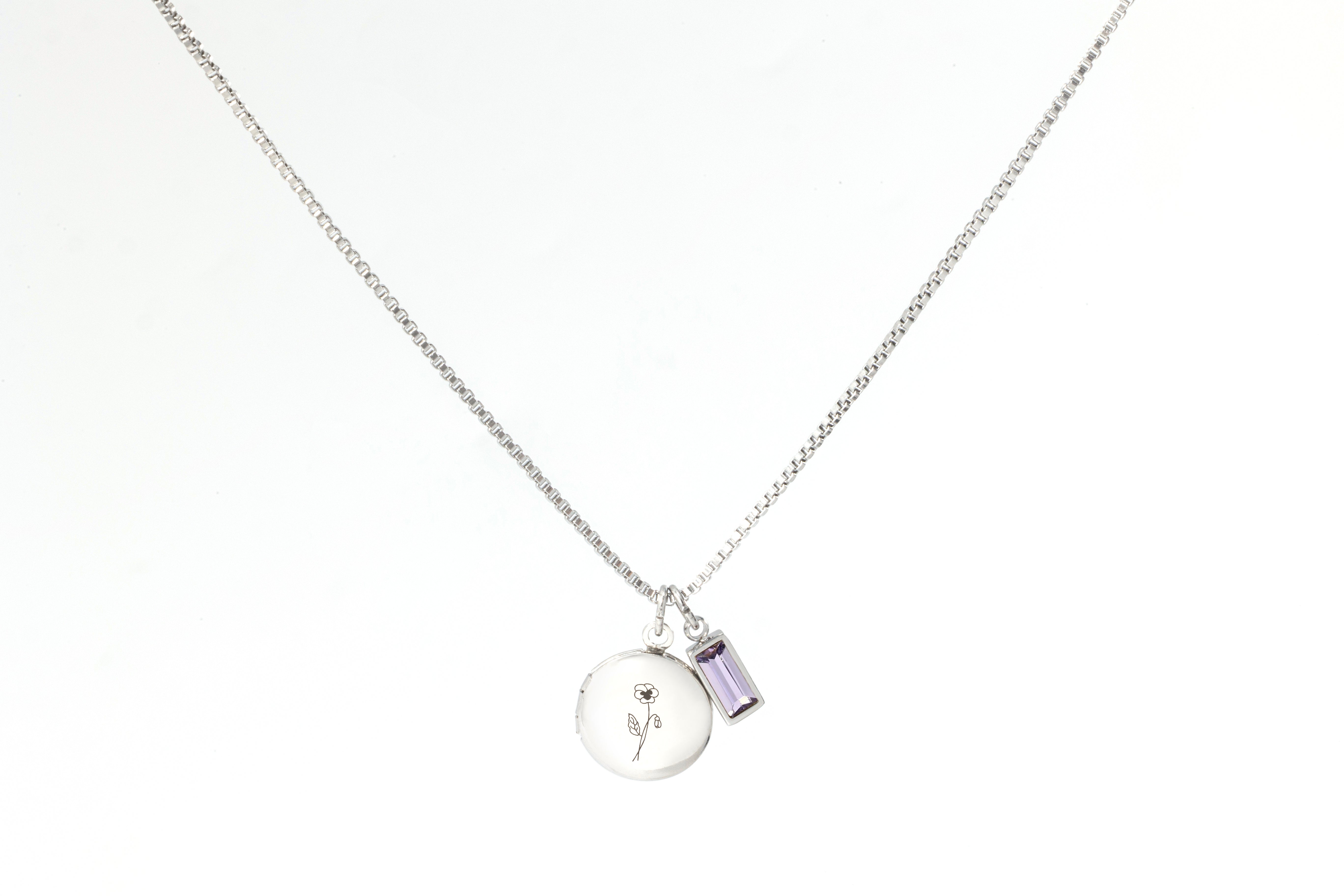 Family Birth Flower Locket Necklace with Birthstone