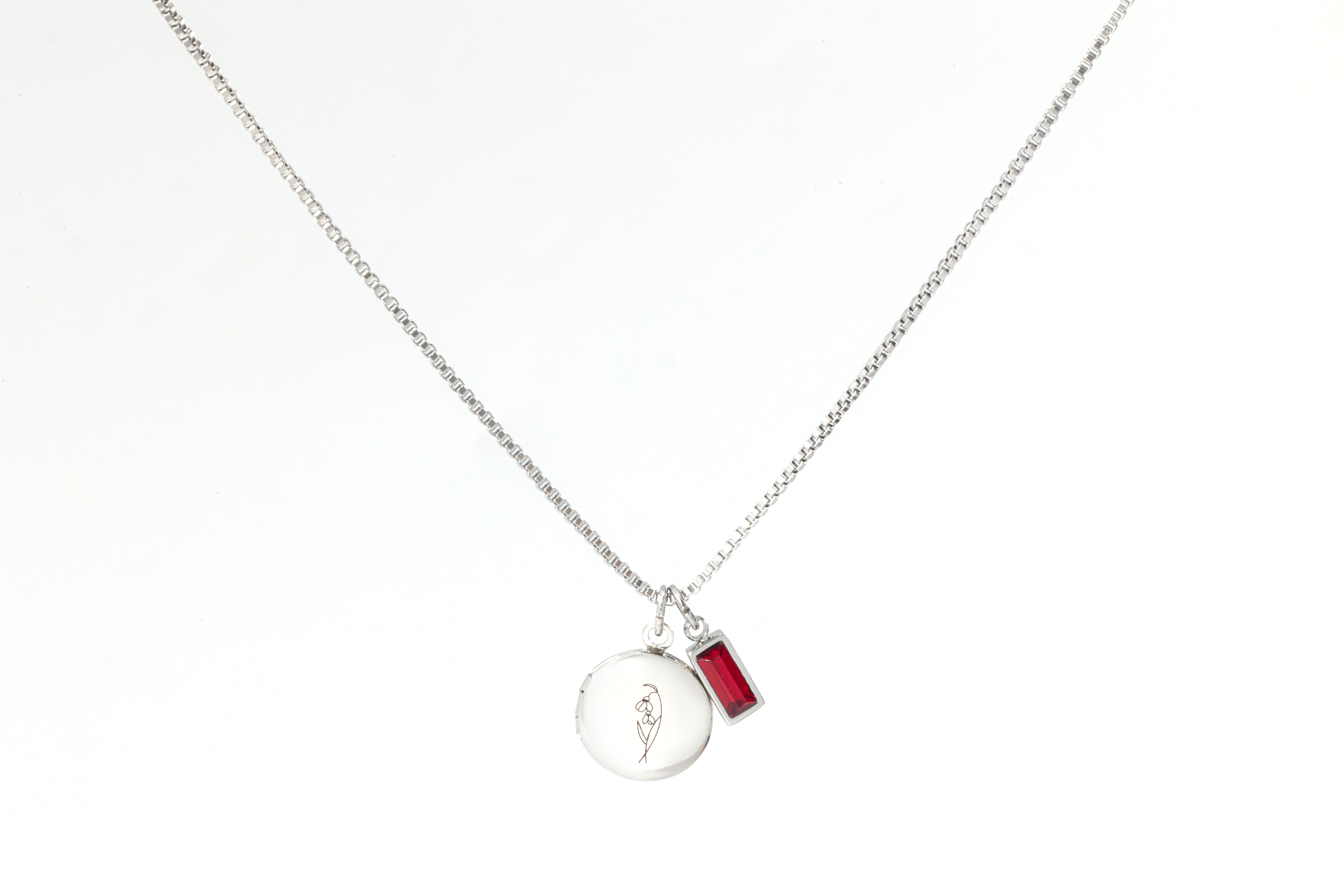 Family Birth Flower Locket Necklace with Birthstone