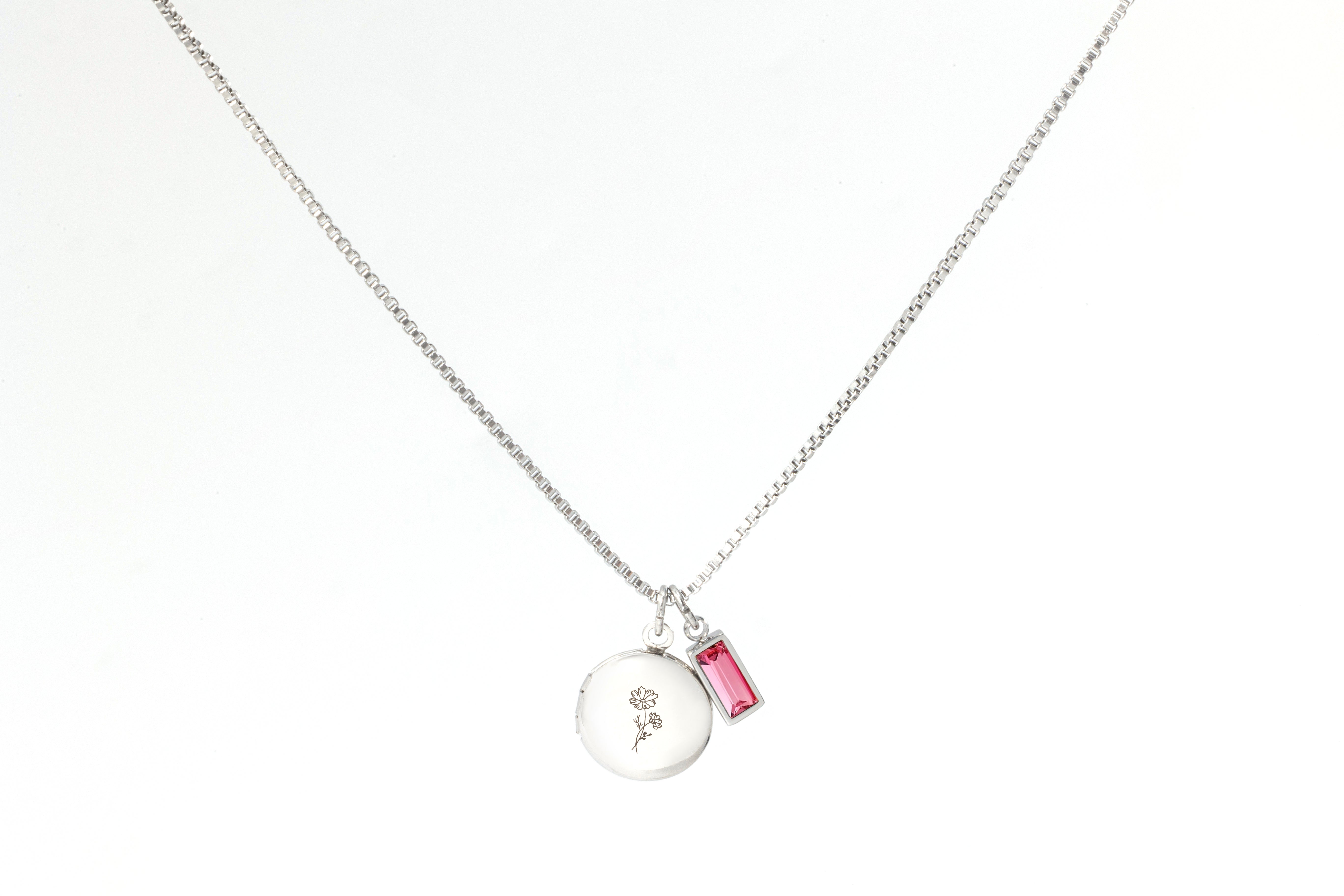 Family Birth Flower Locket Necklace with Birthstone