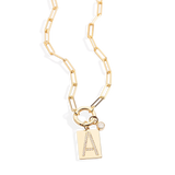 Gold Pave Initial Pendant Necklace with Paperclip Chain
