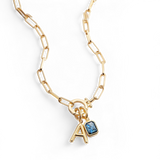 Mint Paperclip Necklace with Initial & Birthstone Charm