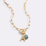Mint Paperclip Necklace with Initial & Birthstone Charm