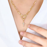 Mint Paperclip Necklace with Pave Cross Charm