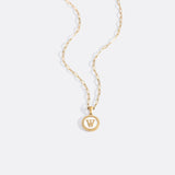 Mother of Pearl Disc Letter Necklace with Paperclip Chain