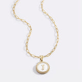 Mother of Pearl Disc Letter Necklace with Paperclip Chain