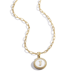 Mother of Pearl Disc Letter Necklace with Paperclip Chain