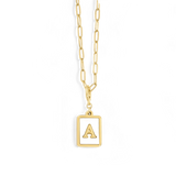 Mother of Pearl Card Initial Necklace | Paperclip Chain