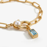 Paperclip Bracelet with Pearl Accent with Dainty Baguette Birthstone Charm