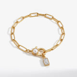 Paperclip Bracelet with Pearl Accent with Dainty Baguette Birthstone Charm
