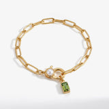 Paperclip Bracelet with Pearl Accent with Dainty Baguette Birthstone Charm