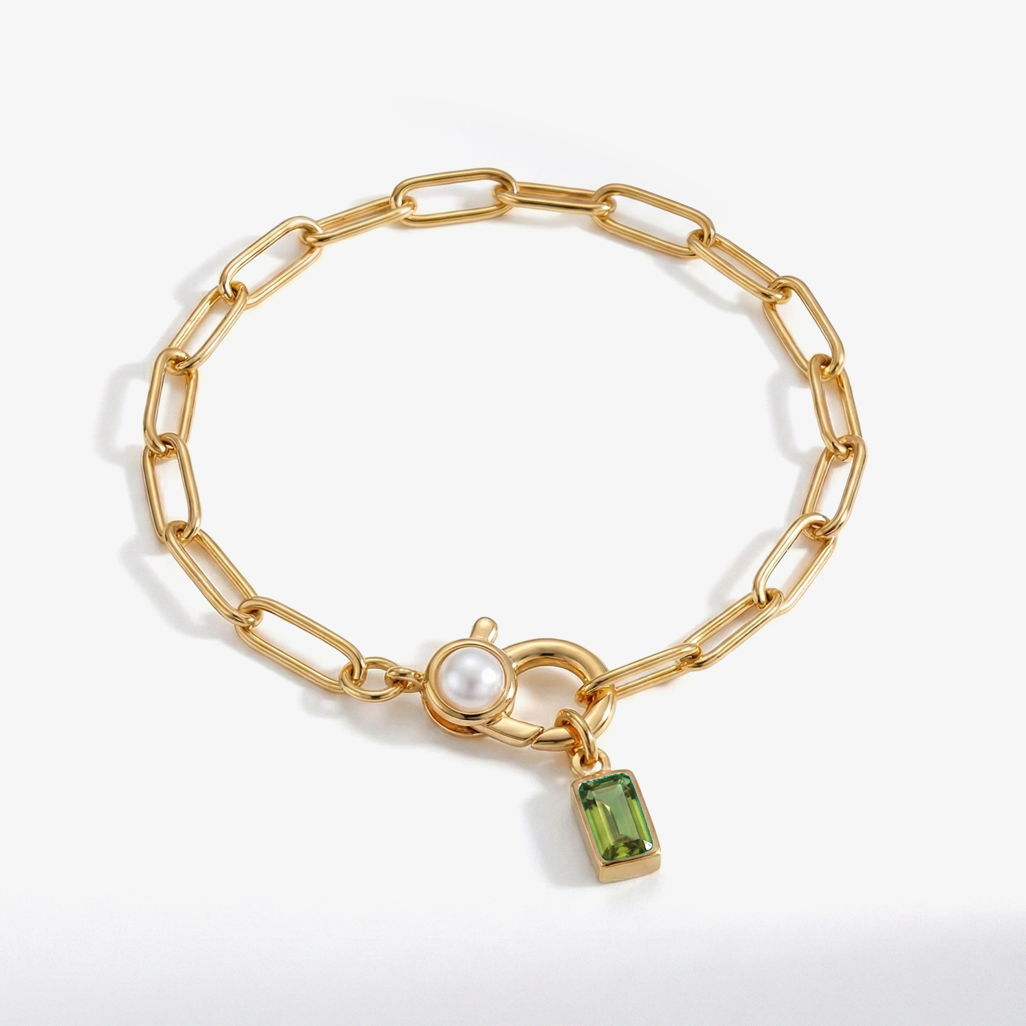 Paperclip Bracelet with Pearl Accent with Dainty Baguette Birthstone Charm