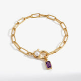 Paperclip Bracelet with Pearl Accent with Dainty Baguette Birthstone Charm