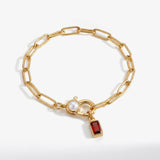 Paperclip Bracelet with Pearl Accent with Dainty Baguette Birthstone Charm