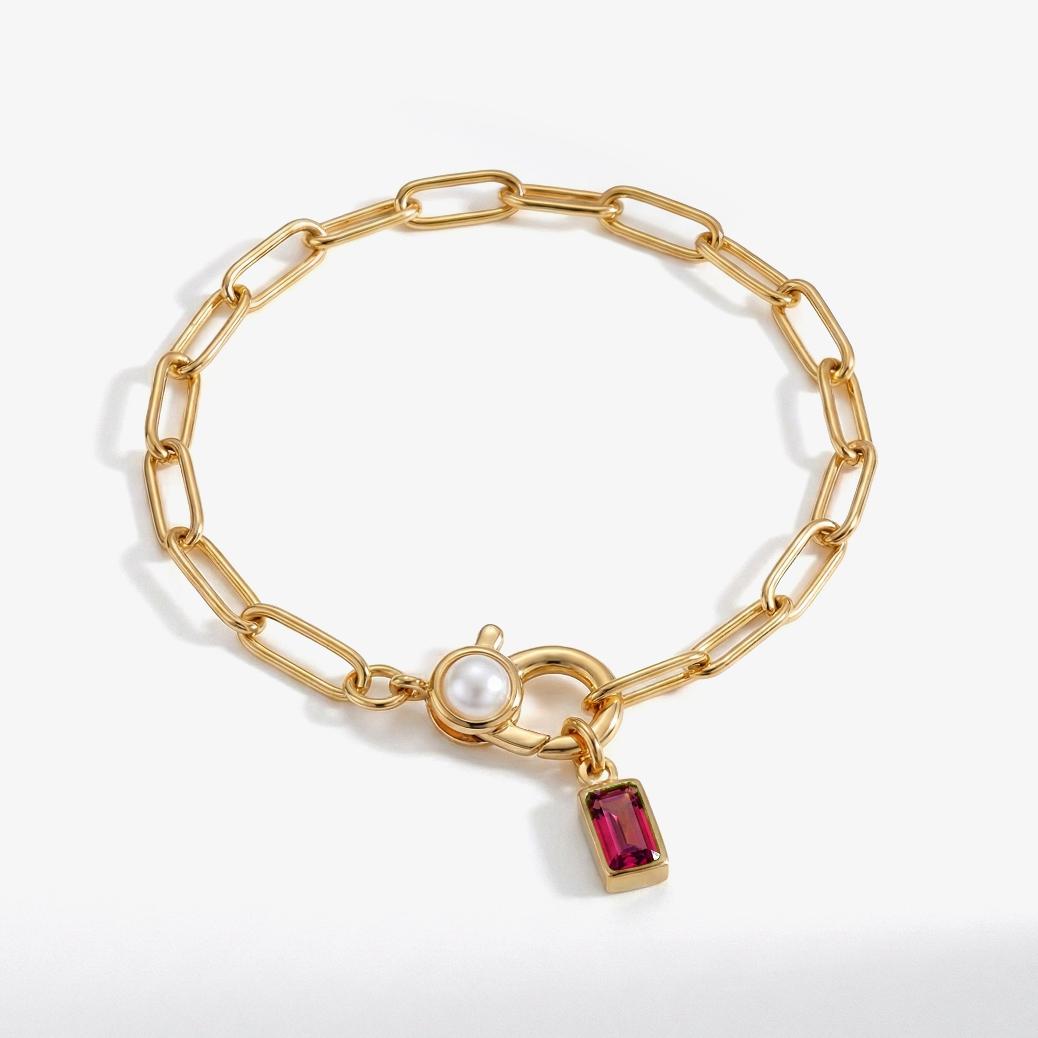 Paperclip Bracelet with Pearl Accent with Dainty Baguette Birthstone Charm