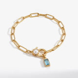 Paperclip Bracelet with Pearl Accent with Dainty Baguette Birthstone Charm