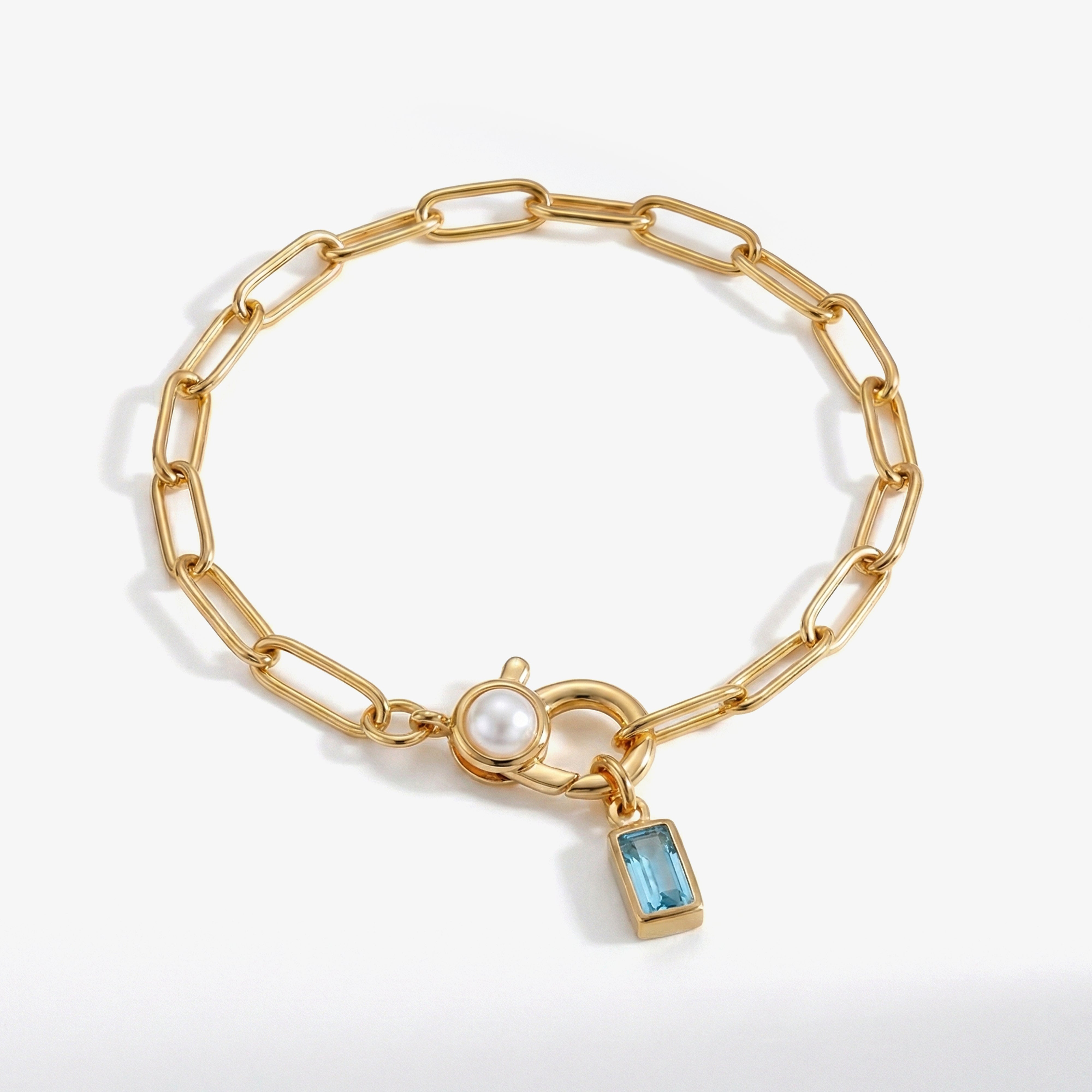 Paperclip Bracelet with Pearl Accent with Dainty Baguette Birthstone Charm