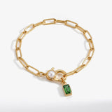 Paperclip Bracelet with Pearl Accent with Dainty Baguette Birthstone Charm