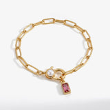 Paperclip Bracelet with Pearl Accent with Dainty Baguette Birthstone Charm