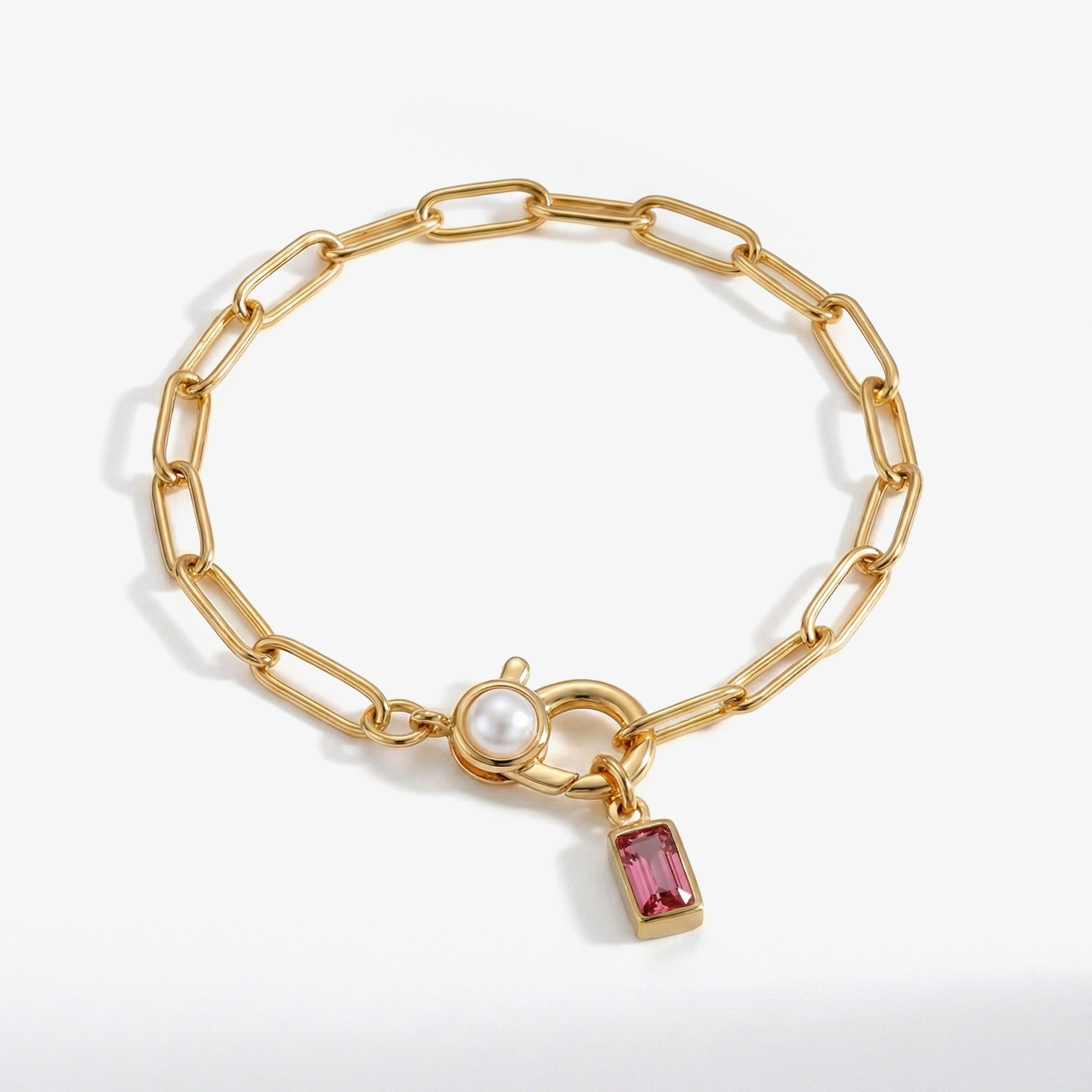 Paperclip Bracelet with Pearl Accent with Dainty Baguette Birthstone Charm