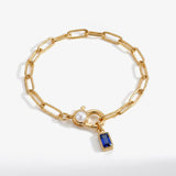 Paperclip Bracelet with Pearl Accent with Dainty Baguette Birthstone Charm