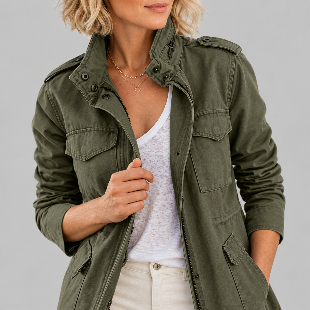 RHODA™ - Vintage Zip Up Button Military Jacket