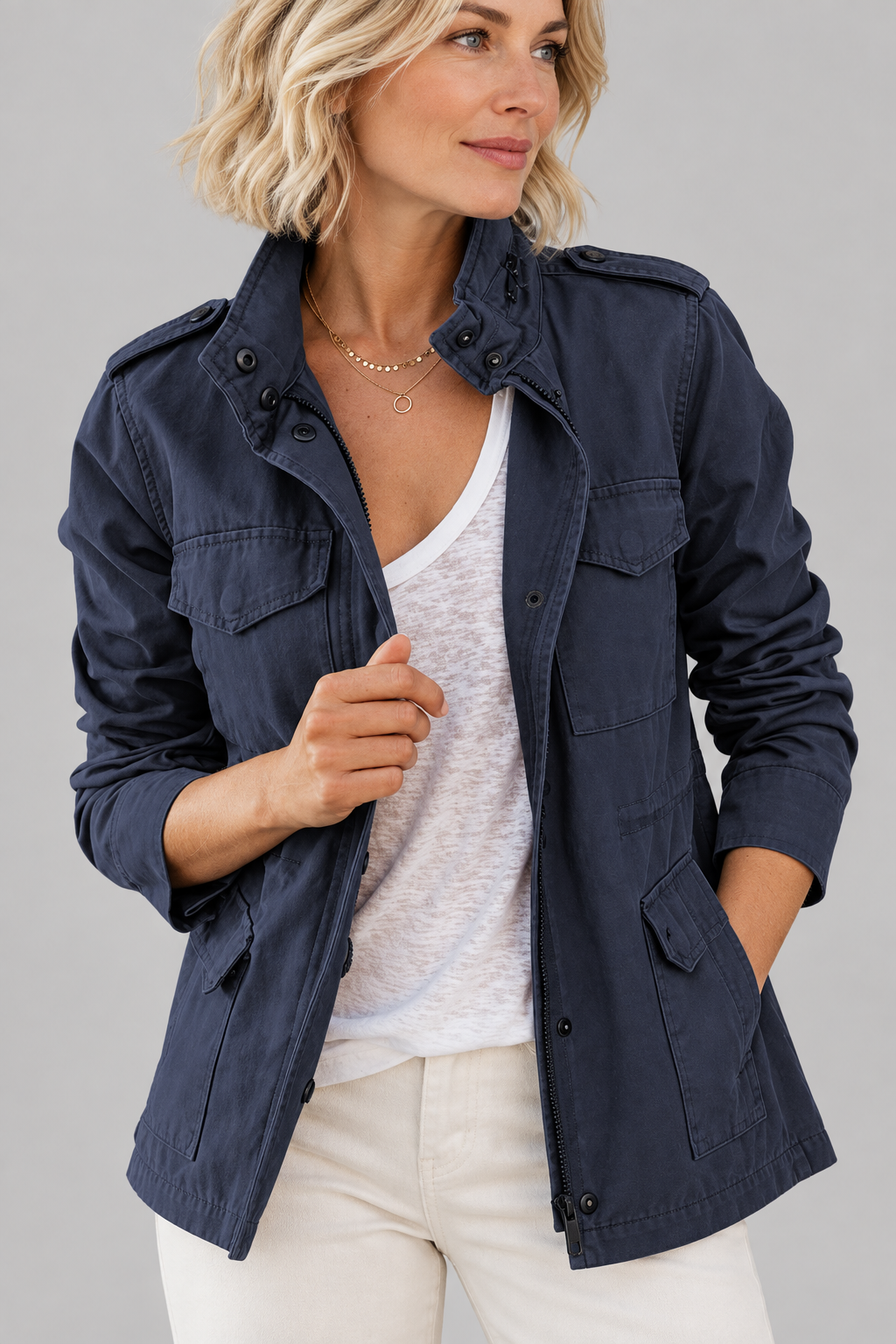 RHODA™ - Vintage Zip Up Button Military Jacket