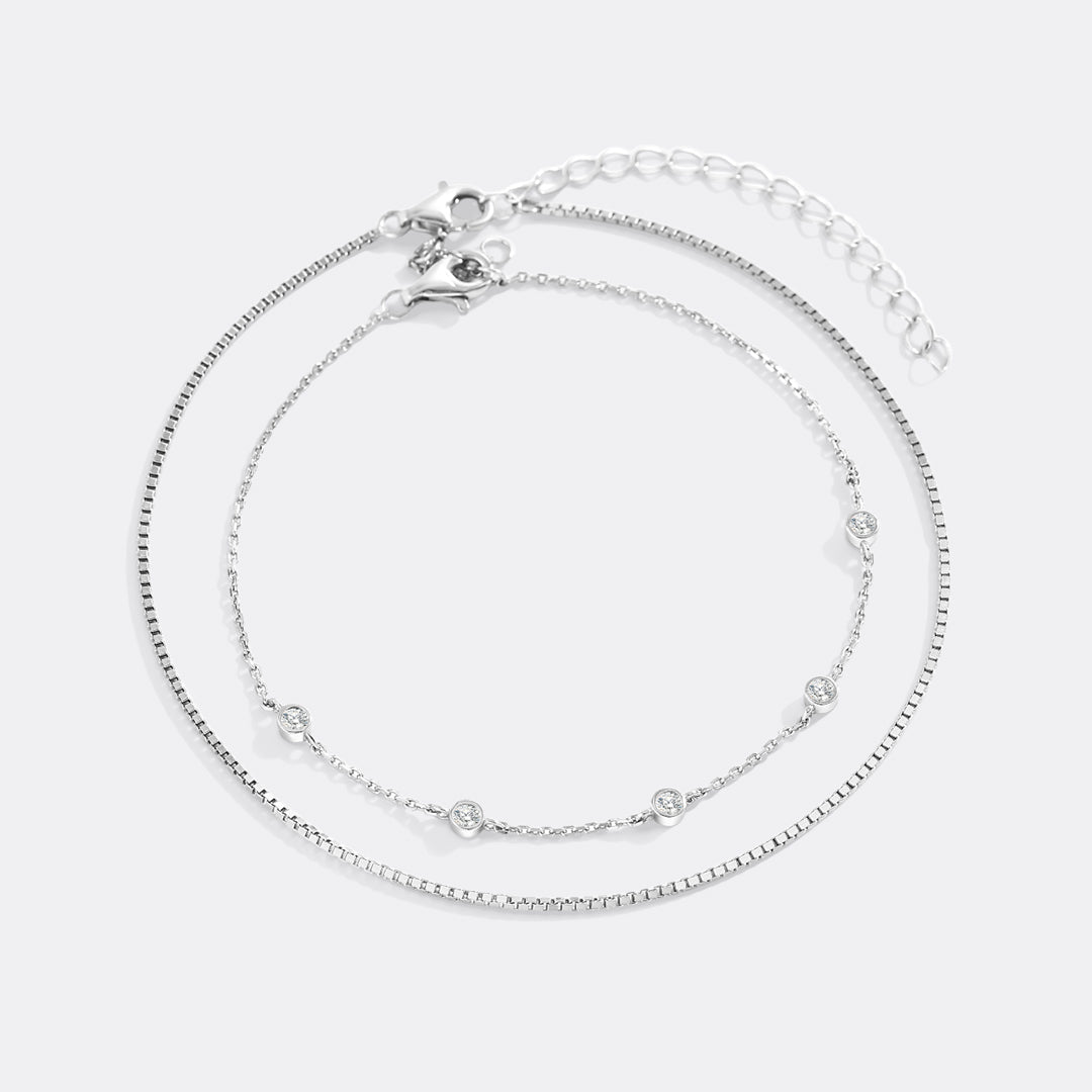 Bezel Set Diamond Bracelet and Box Chain Bracelet Stacking Set