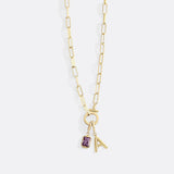 Mint Paperclip Necklace with Initial & Birthstone Charm