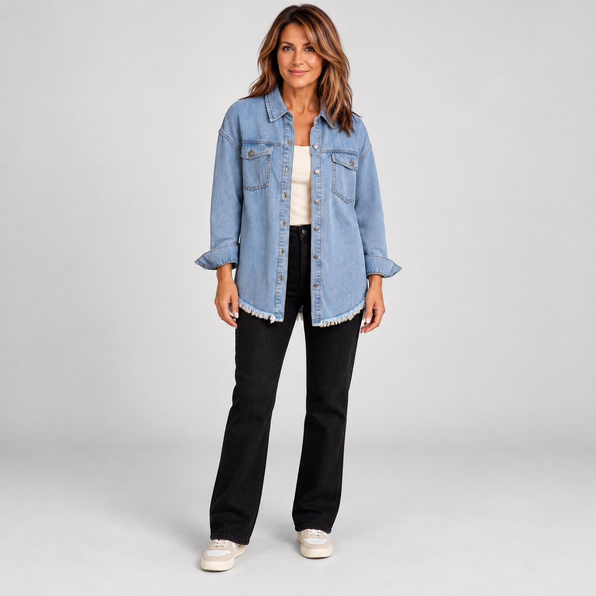 Women's Raw Hem Snap Button Washed Denim Jacket