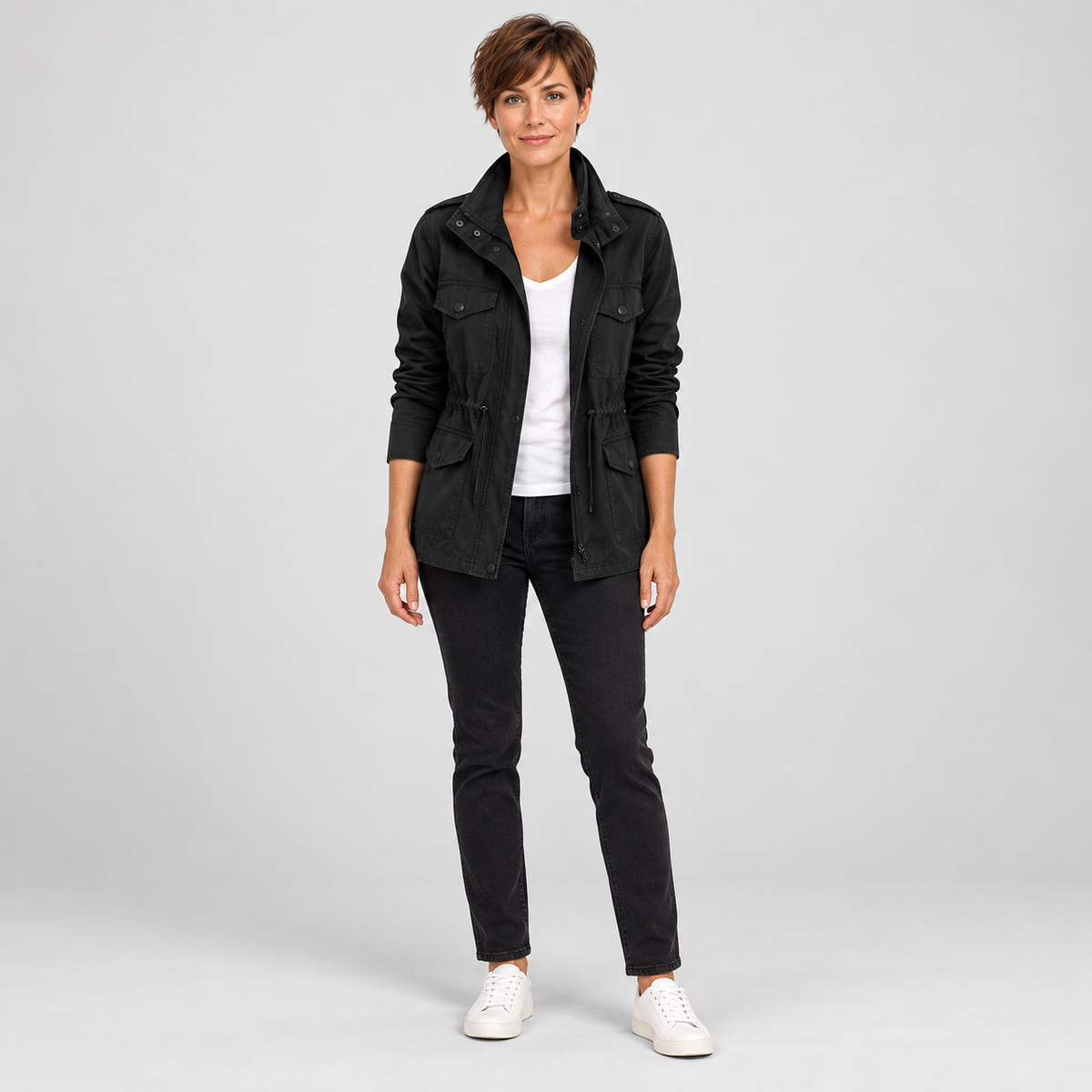 Women's Utility Cargo Jacket with Multi Pocket Drawstring Waist