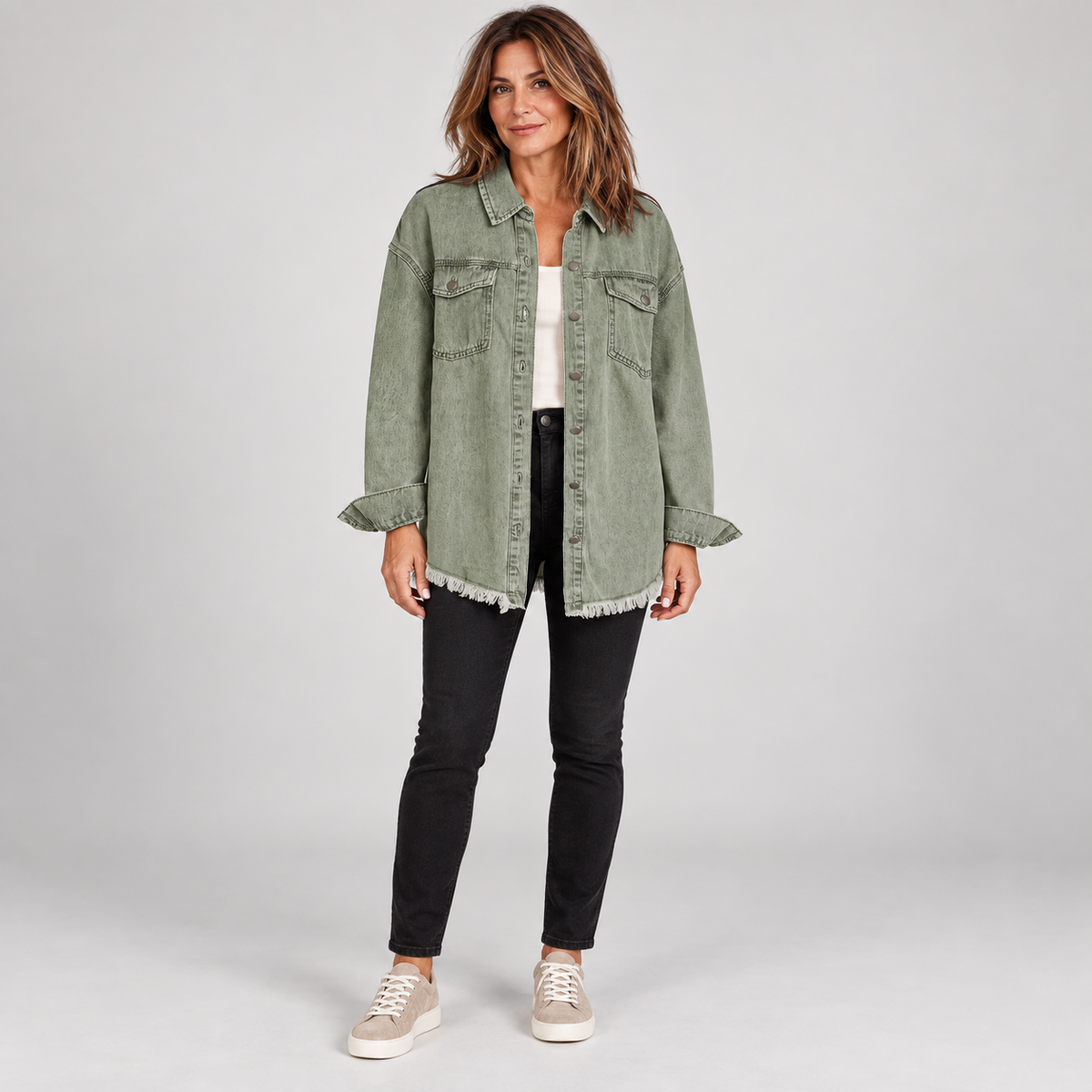 Women's Raw Hem Snap Button Washed Denim Jacket