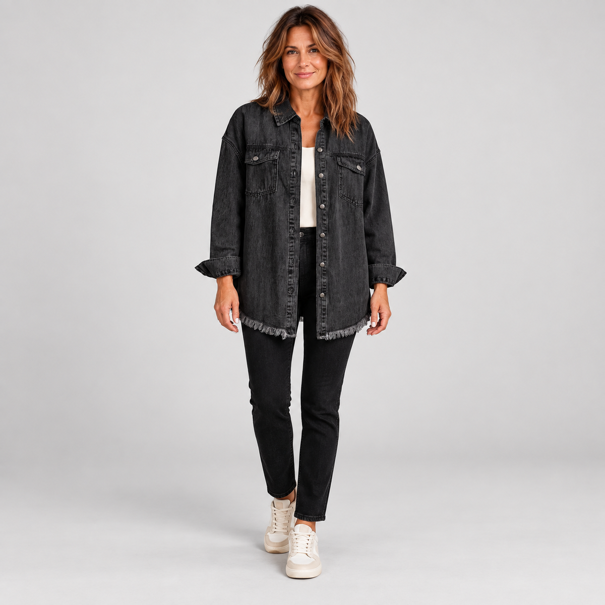 Women's Raw Hem Snap Button Washed Denim Jacket
