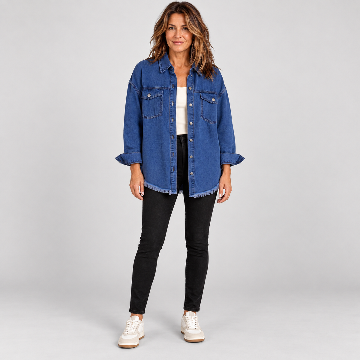 Women's Raw Hem Snap Button Washed Denim Jacket