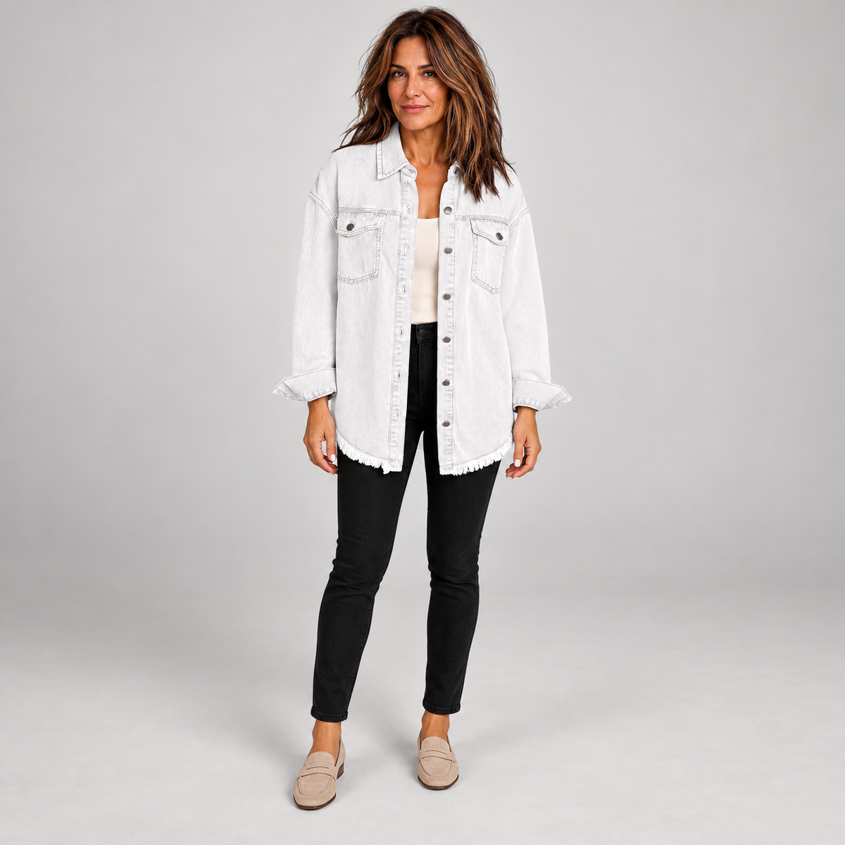 Women's Raw Hem Snap Button Washed Denim Jacket
