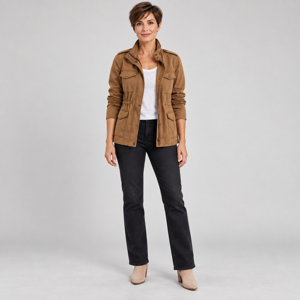 Women's Utility Cargo Jacket with Multi Pocket Drawstring Waist