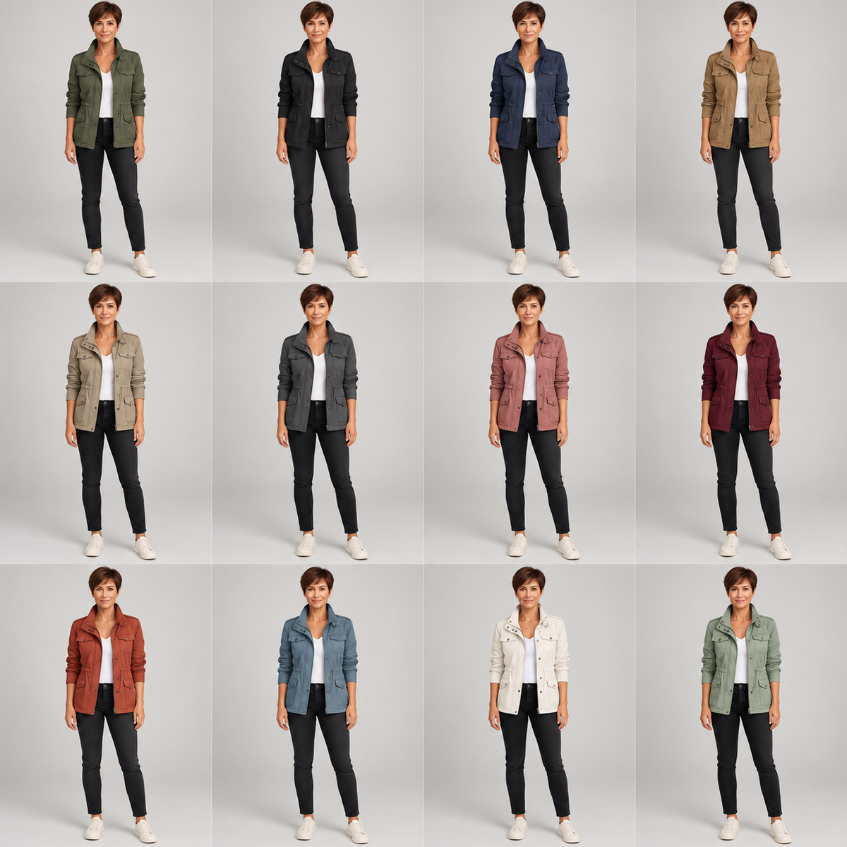 Women's Utility Cargo Jacket with Multi Pocket Drawstring Waist