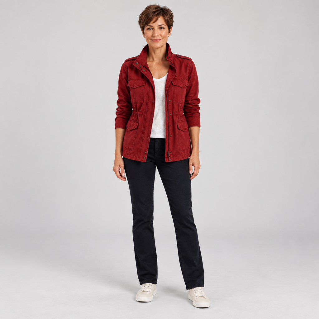 Women's Utility Cargo Jacket with Multi Pocket Drawstring Waist